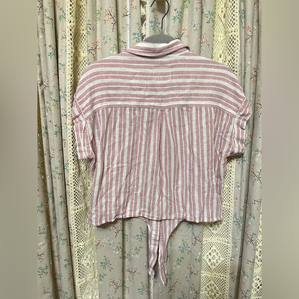 Rails Amelie‎ Bordeaux Stripe Linen Blend Tie Front Shirt Size L - Picture 5 of 5